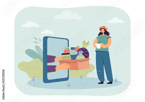 Hands from phone screen giving food box to poor tiny girl. Person donating via mobile app flat vector illustration. Charity, help, delivery concept for banner, website design or landing web page