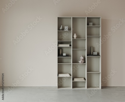 Bookshelf with decor in an empty room, pink walls, concrete floor, 3d render. Illustration © Hanna