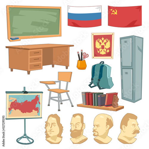 History classroom interior cartoon illustration set. Desk, chairs, chalkboard, shelf with books, backpack, stationery, national flags, map and portrait sculptures. School, equipment concept