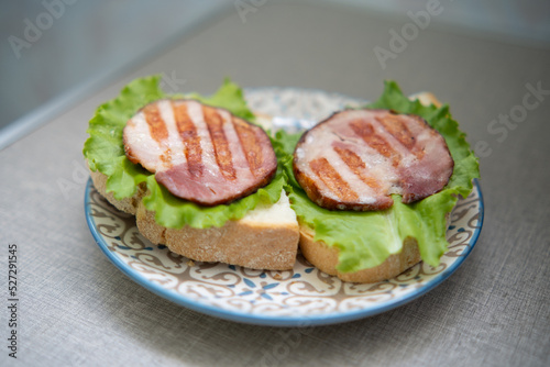 Sandwiches with sausage and fresh green salad leaves