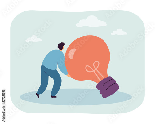 Tiny man holding heavy light bulb. Brainstorm process, ideas and solutions of thinking person flat vector illustration. Invention, innovation concept for banner, website design or landing web page