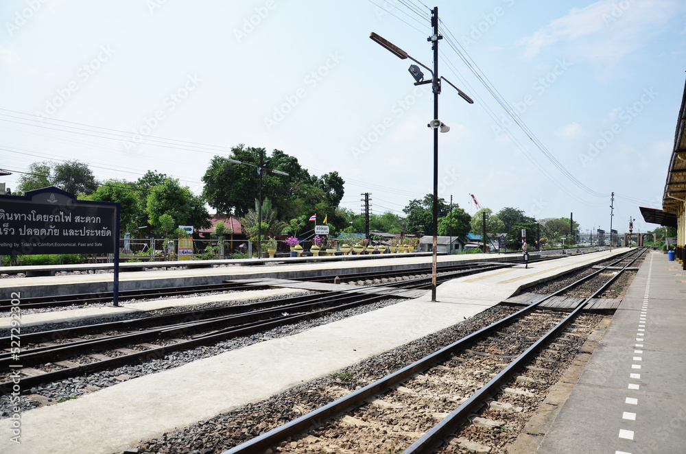 Track of railway in rural countryside for locomotive train running journey at Ayutthaya station on May 1, 2014 in Phra Nakhon si Ayutthaya, Thailand