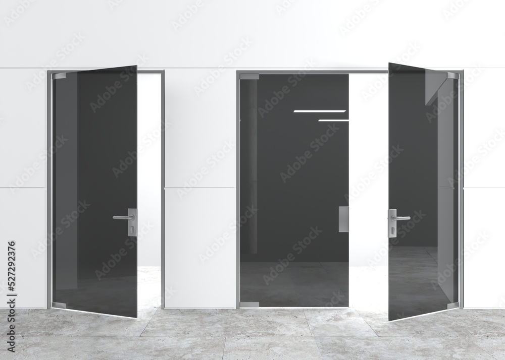 Two glass doors on the white wall Two glass doors on the white wall