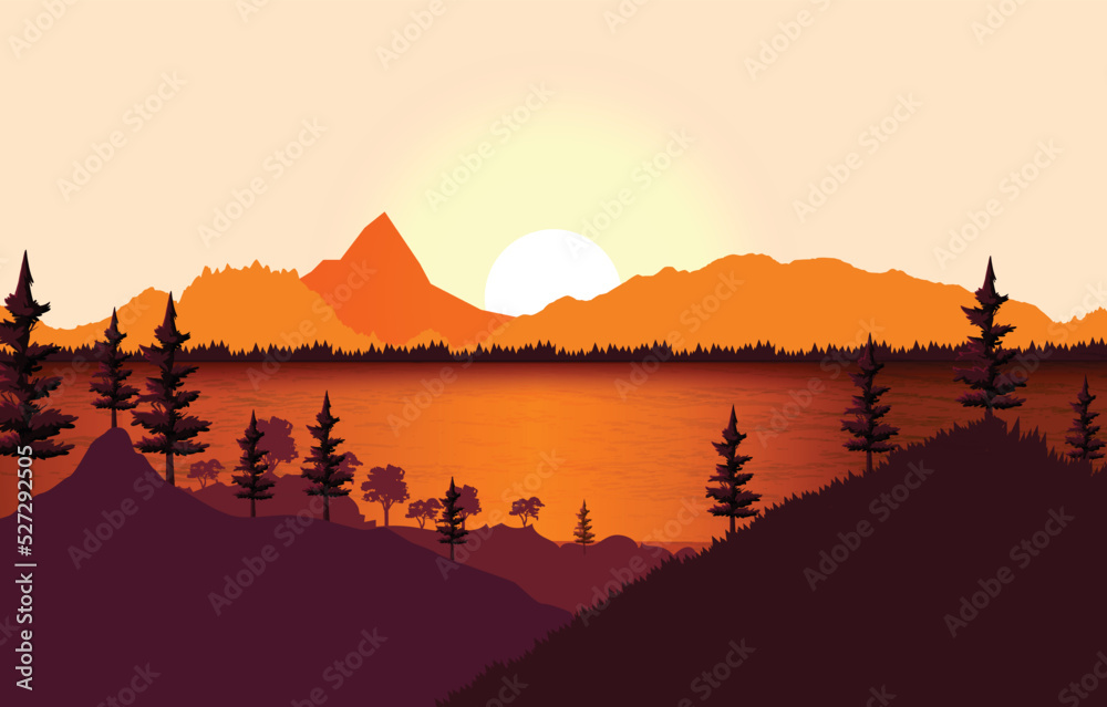 Mountains landscape at sunset scene with river and tree silhouettes background