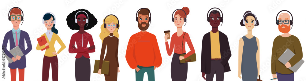 Call center agents avatars collection set. Call center, customer support, telemarketing agents. Modern flat vector illustration portraits set. Call center agents avatars collection set. Call center, customer support, telemarketing agents. Modern flat vector illustration portraits set.