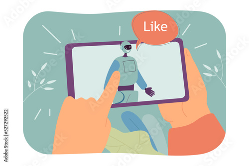Online interaction between chatbot and customer. Finger of person touching robot and bubble with like text on screen flat vector illustration. AI concept for banner, website design or landing web page