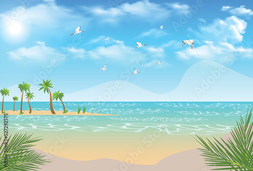 Summer landscape day time beach scene with trees background