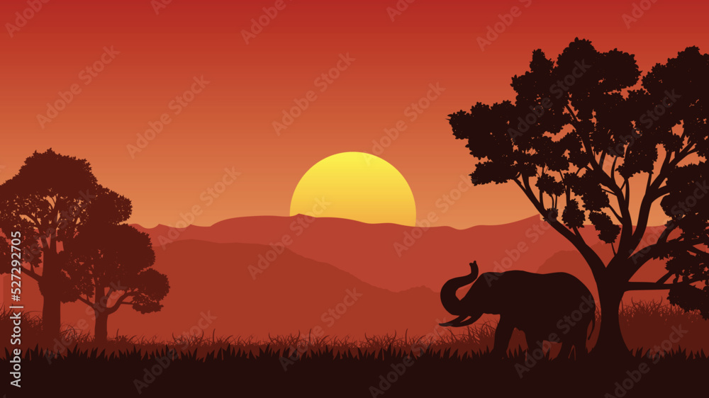 Sunset landscape scene with silhouette trees and forest background01