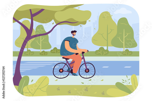 Cyclists ride on sidewalk along road in city park. Happy active person cycling in summer landscape flat vector illustration. Healthy lifestyle concept for banner, website design or landing web page