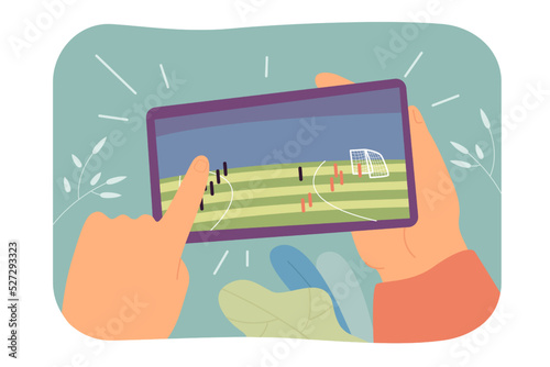 Customers hand touching phone screen with soccer mobile app. Person watching live match in smartphone flat vector illustration. Online football concept for banner, website design or landing web page