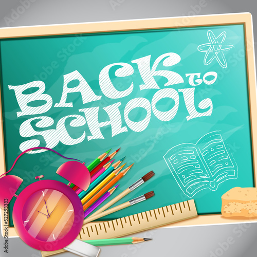  vector image illustration for school school blackboard pencils written in chalk back to school welcome clock school bell