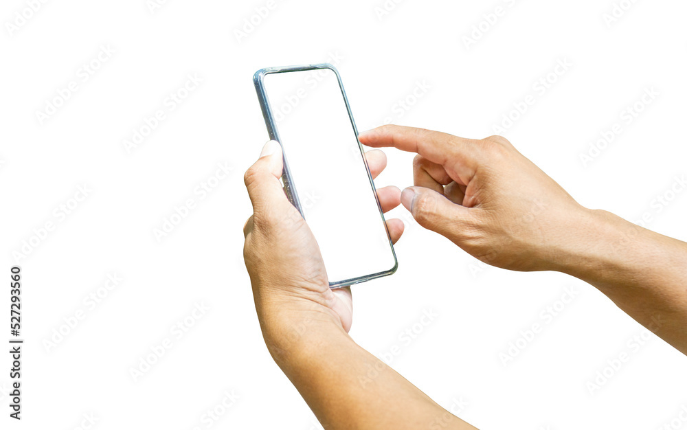Hand holding black smartphone with a blank screen isolated on white ...