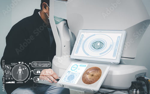Close-up of a patient measuring the retina with Fundus Photography and Optical coherence tomography, medical technology concept.