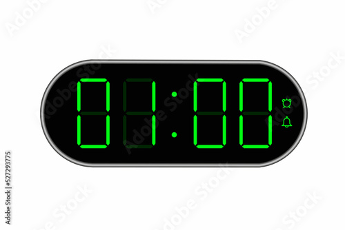 Vector flat illustration of a digital clock displaying 01.00 . Illustration of alarm with digital number design. Clock icon for hour, watch, alarm signs.