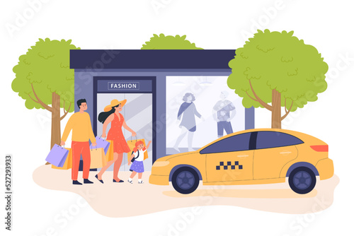 Happy family with shopping bags walking towards taxi. Man, woman and girl next to yellow car flat vector illustration. Shopping, taxi service, transportation concept for banner or landing web page