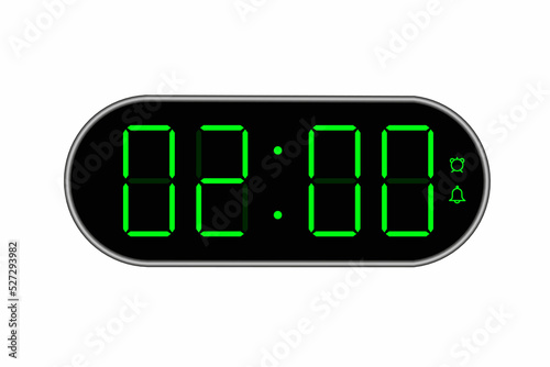 Vector flat illustration of a digital clock displaying 02.00 . Illustration of alarm with digital number design. Clock icon for hour, watch, alarm signs.