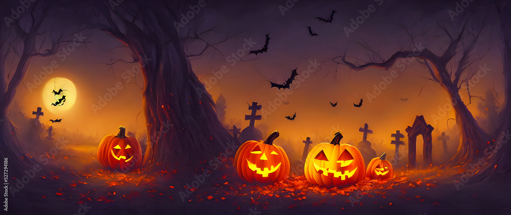 Artistic painting concept of Halloween background with pumpkin in a spooky Graveyard at night, Natural color, digital art style, illustration painting. Creative Design, Tender and dreamy design.