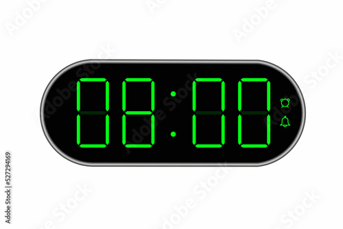 Vector flat illustration of a digital clock displaying 08.00 . Illustration of alarm with digital number design. Clock icon for hour, watch, alarm signs.