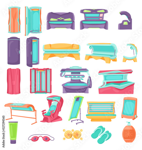Different tanning beds cartoon illustration set. Cosmetic procedure in spa salon, vertical sunbathing machines or cabins. Solarium, wellness, recreation, care, relaxation concept