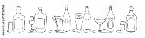 Rum liquor martini beer vermouth whiskey wine bottle and glass outline icon on white background. Black white cartoon sketch graphic design. Doodle style. Hand drawn image. Party drinks concept