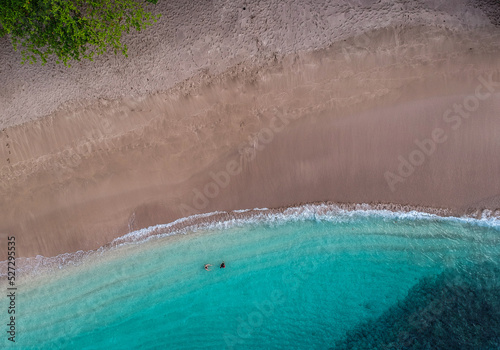 Praia com areia branca e algumas árvores,capturada com drone onde estão apenas duas pessoas na água azul. Cristalina
