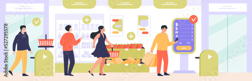 Customers buying groceries in cashierless shop. People with shopping bags and baskets paying via self checkout flat vector illustration. Grocery shopping concept for banner or landing web page