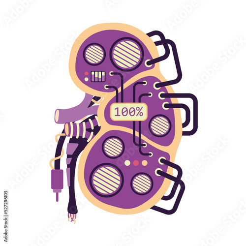 Mechanical Kidney of the future human from cyberpunk, frostpunk, metaverse. Futuristic, energetic, biological donor kidney for human transplantation. Eternal strong organs in medicine. Healthcare.