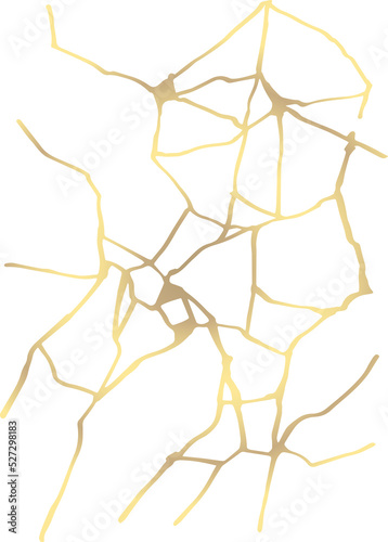 Kintsugi art style template. A4 design poster Abstract golden crack texture pattern on grey backdrop. Japanese vintage traditional craft Gold craquelure circle background. Vector illustration graphics photo