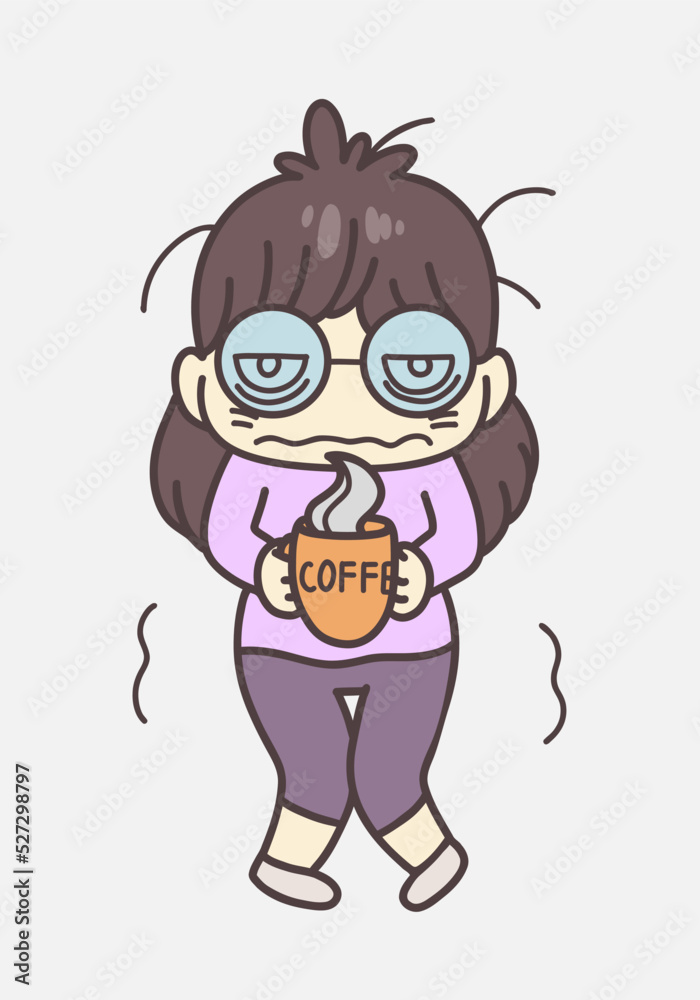 Sleepy cartoon young woman with coffee cup on the gray background. Not good morning humor illustration. Overwork concept. 