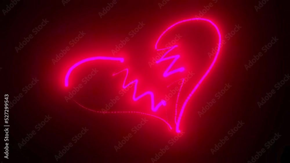 Luminous neon pink broken heart icon on black background