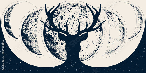 Celestial banner with deer silhouette, lunar phases. Full moon. Vector background for landing page, web design. Astrology, fortune telling, tarot reading concept. Book cover, poster. Wicca Triple moon