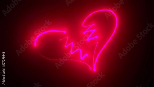 Luminous neon pink broken heart icon on black background