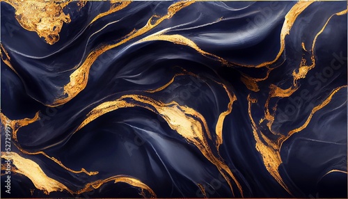 Fotografie, Obraz Marble acrylic fluid texture in deep blue colors with golden splashes