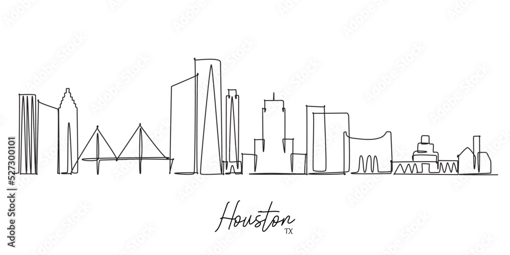 Single continuous line drawing of Houston city skyline USA. Famous city skyscraper landscape. World travel postcard home decor wall art poster print concept. Modern one line draw design illustration