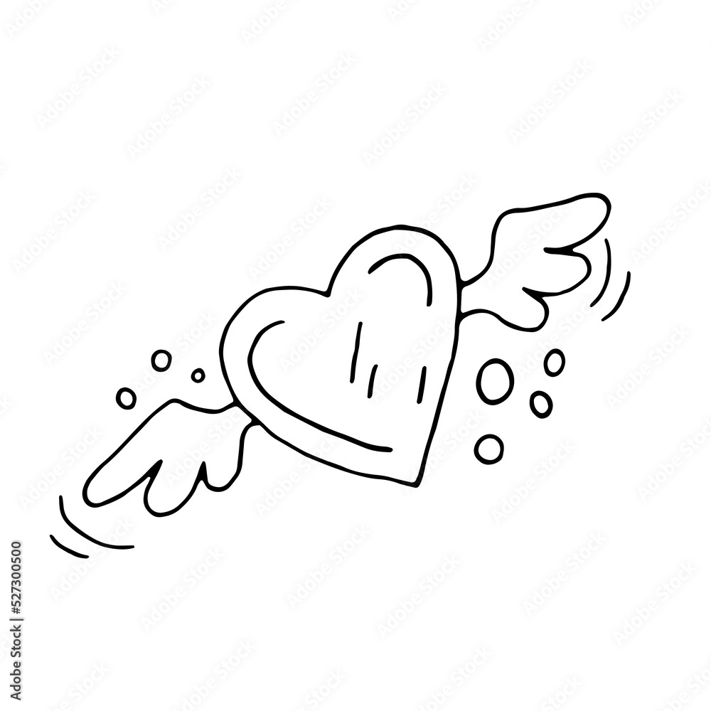 Heart with wings. Flying heart. Declaration of love. Feelings, love, romance. For postcards for Valentine's Day. Doodle. Drawn by hand. Sketch. Silhouette. Black and white. Contour. Coloring. Heart with wings. Flying heart. Declaration of love. Feelings, love, romance. For postcards for Valentine's Day. Doodle. Drawn by hand. Sketch. Silhouette. Black and white. Contour. Coloring.