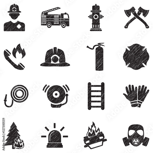 Firefighter Icons. Black Scribble Design. Vector Illustration.