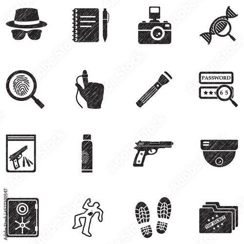 Private Detective Icons. Black Scribble Design. Vector Illustration.