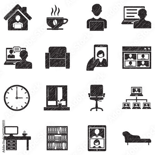 Work From Home Icons. Black Scribble Design. Vector Illustration.