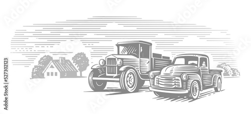 Vintage truck with pickup in village vector. Lorry with cargo.
