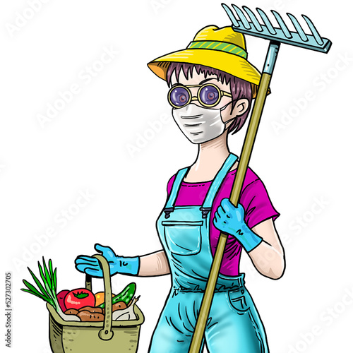 Gardener woman, cartoon character in uniform on white background.	
