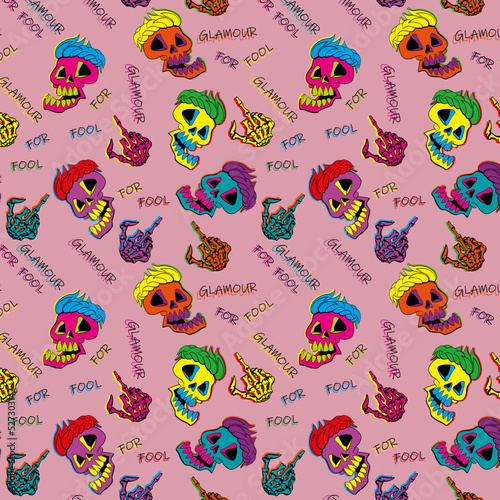 Seamless pattern of bright smiling skull and middle bony fingers, with the inscription Glamour for fool.