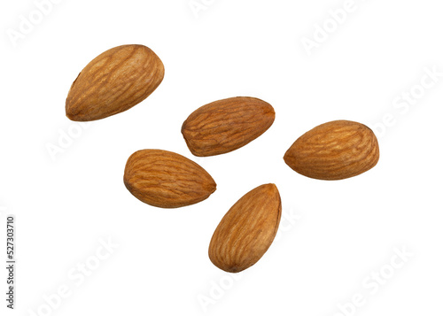 Overhead view of a small portion of almond nuts on a white background.