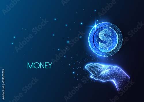 Personal finances, money, savings futuristic concept of with hand holding dollar coin on dark blue