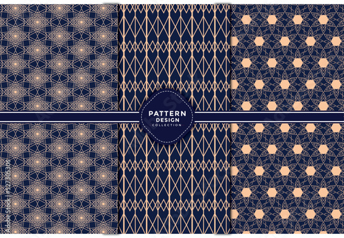 Abstract seamless geometric patterns with a golden color and blue background.