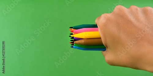 Tableau sur toile Human hand holding bunch of colorful markers on green background