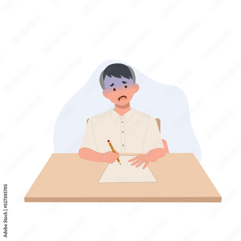 boy in student Uniform getting worry when doing an exam. Student boy can't do the exam. stressful, worried. Asian student. Vector illustration. boy in student Uniform getting worry when doing an exam. Student boy can't do the exam. stressful, worried. Asian student. Vector illustration.
