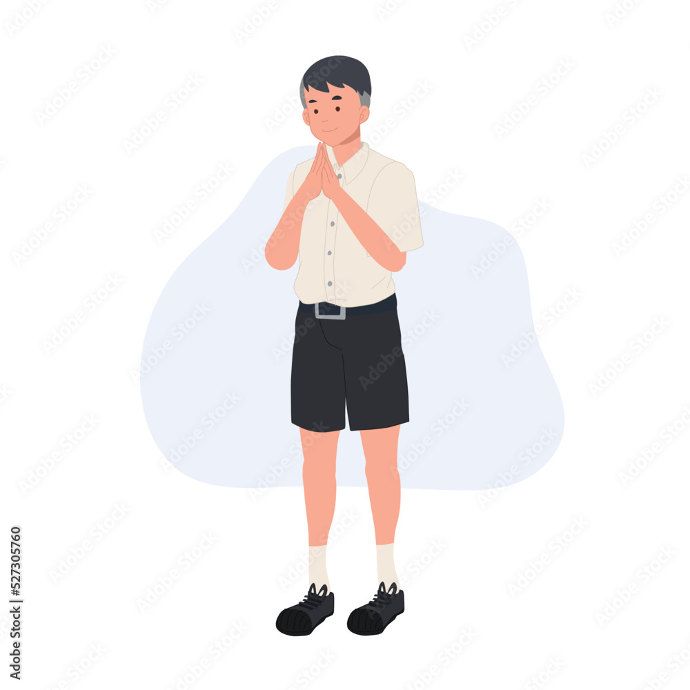 Thai male student in student uniform greeting Thai male student in student uniform greeting
