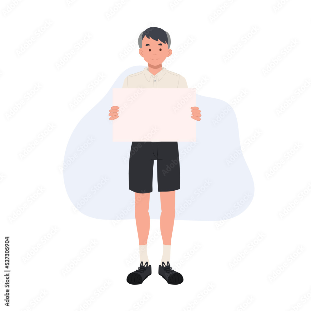 Cute thai Student boy holding banners.blank sign. vector illustration Cute thai Student boy holding banners.blank sign. vector illustration