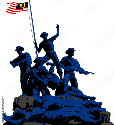 Illustration of malaysia's national monument in blue, black and gray with a white background.