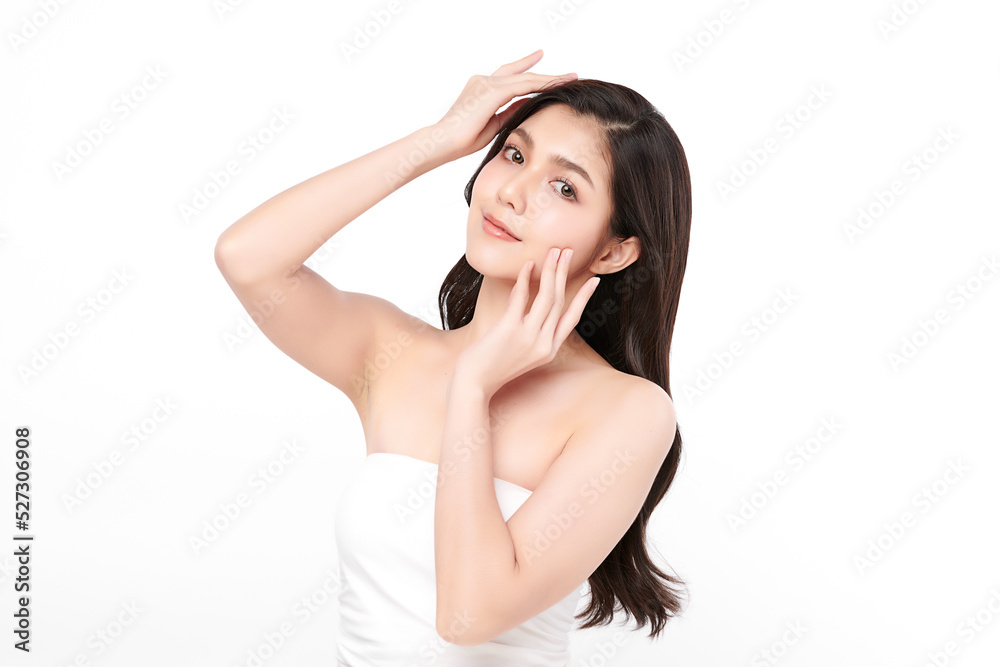 Beautiful young asian woman with clean fresh skin on white background, Face care, Facial treatment, Cosmetology, beauty and spa, Asian women portrait.